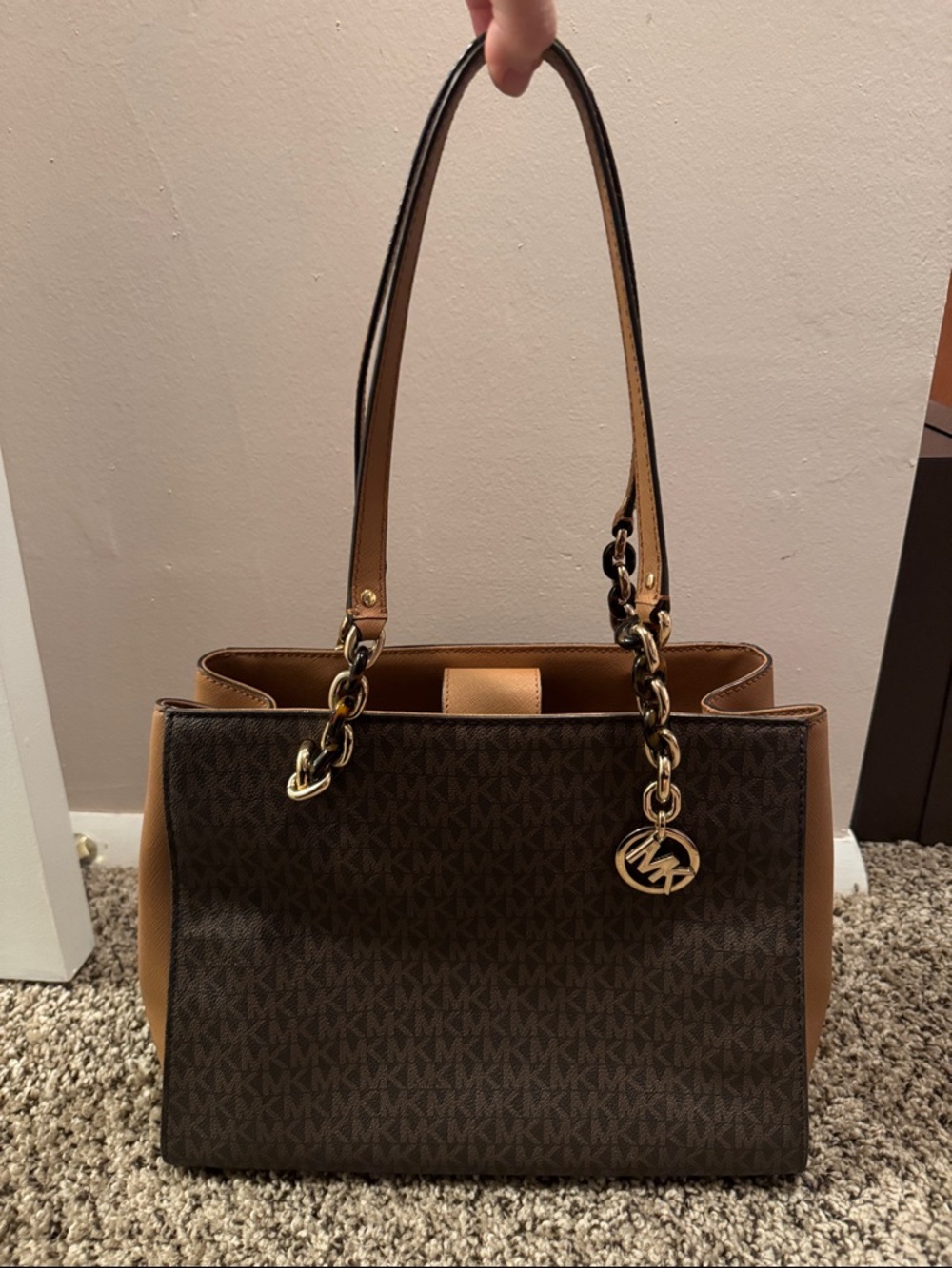 Michael Kors Brown and Tan Signature Chain-Handle Tote